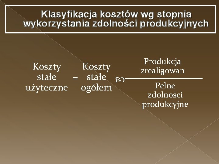 Klasyfikacja kosztów wg stopnia wykorzystania zdolności produkcyjnych Koszty stałe = stałe użyteczne ogółem Produkcja