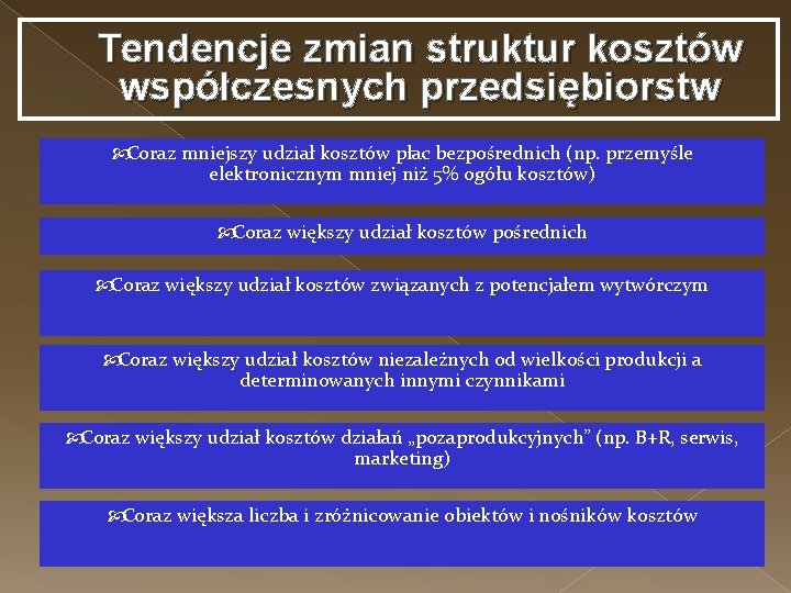 Tendencje zmian struktur kosztów współczesnych przedsiębiorstw Coraz mniejszy udział kosztów płac bezpośrednich (np. przemyśle