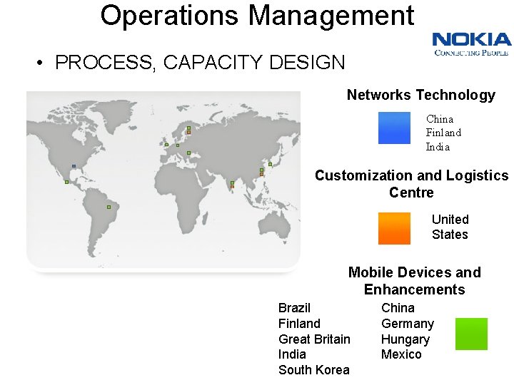 Operations Management • PROCESS, CAPACITY DESIGN Networks Technology China Finland India Customization and Logistics