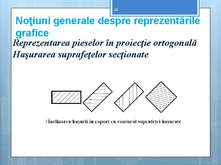 60 Noţiuni generale despre reprezentările grafice Reprezentarea pieselor în proiecţie ortogonală Haşurarea suprafeţelor secţionate