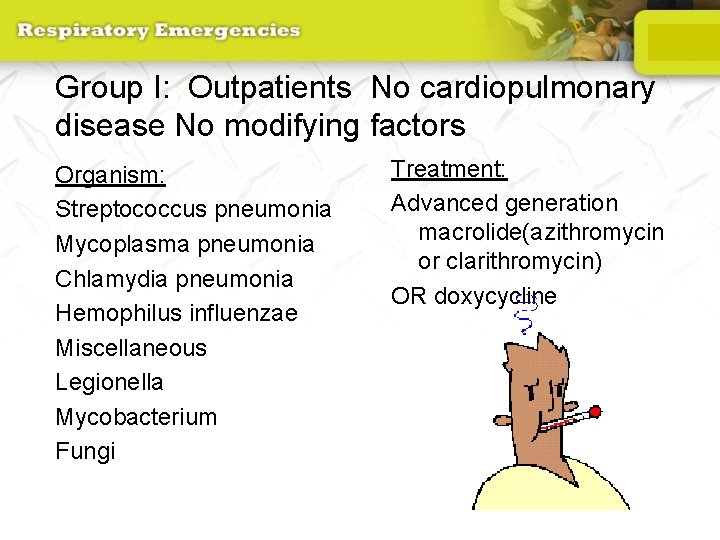 Group I: Outpatients No cardiopulmonary disease No modifying factors Organism: Streptococcus pneumonia Mycoplasma pneumonia