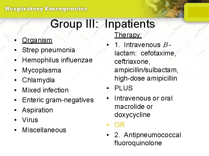 Group III: Inpatients • • • Organism Strep pneumonia Hemophilus influenzae Mycoplasma Chlamydia Mixed