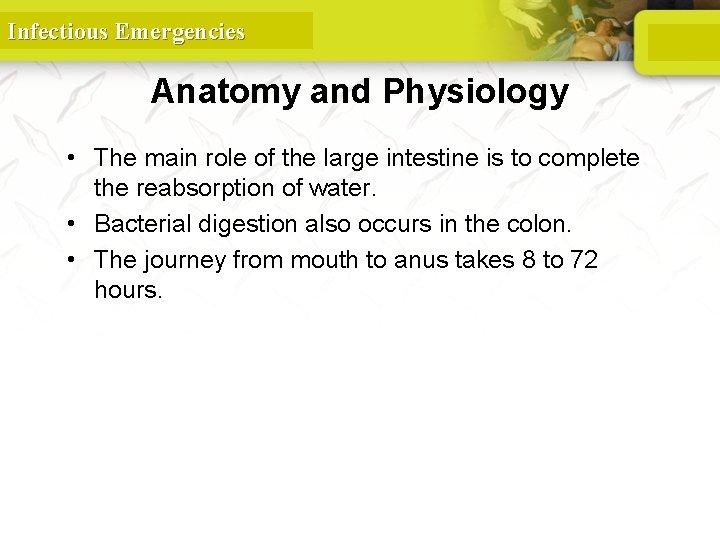 Infectious Emergencies Anatomy and Physiology • The main role of the large intestine is