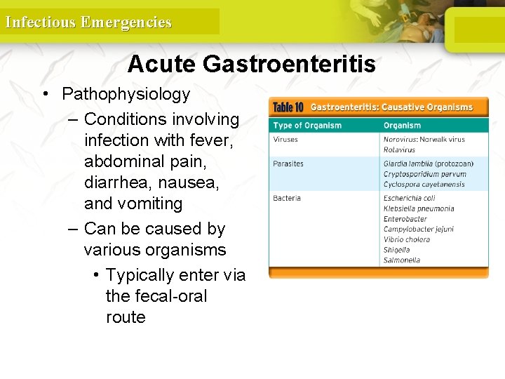 Infectious Emergencies Acute Gastroenteritis • Pathophysiology – Conditions involving infection with fever, abdominal pain,