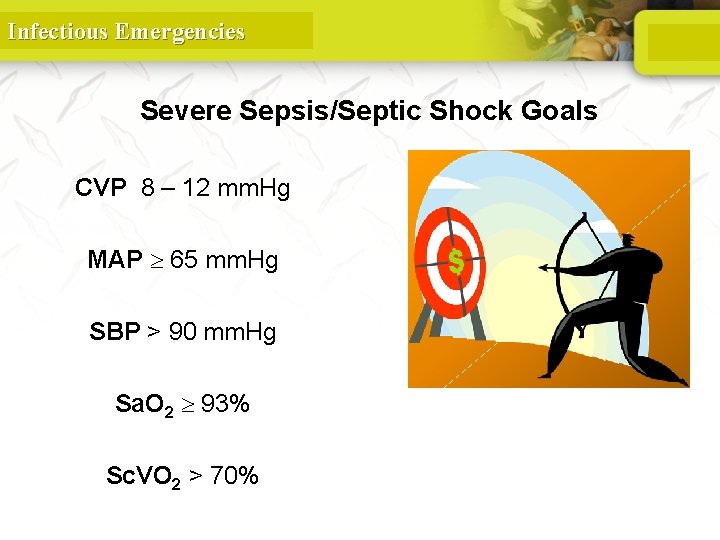 Infectious Emergencies Severe Sepsis/Septic Shock Goals CVP 8 – 12 mm. Hg MAP 65