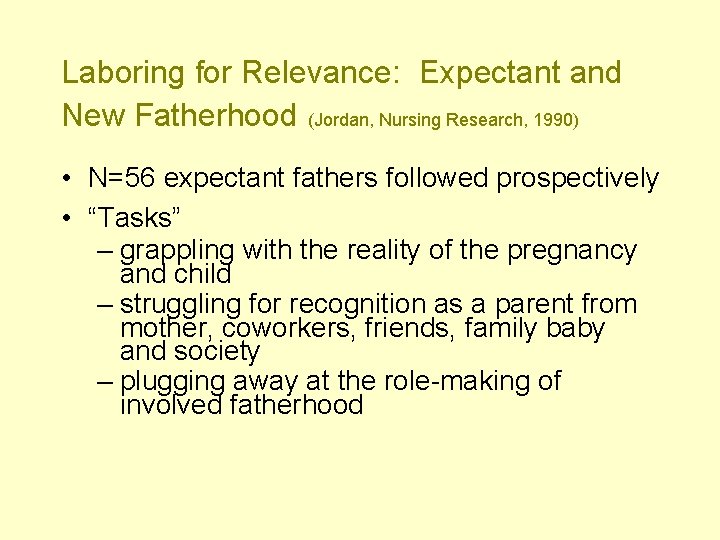 Laboring for Relevance: Expectant and New Fatherhood (Jordan, Nursing Research, 1990) • N=56 expectant
