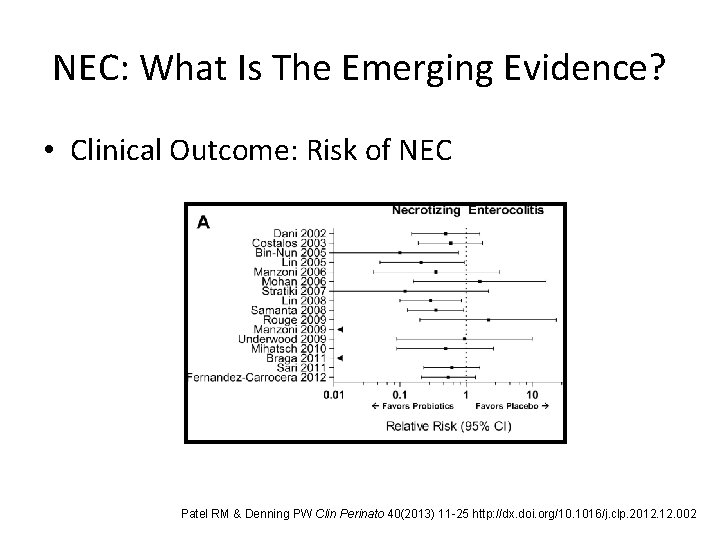 NEC: What Is The Emerging Evidence? • Clinical Outcome: Risk of NEC Patel RM