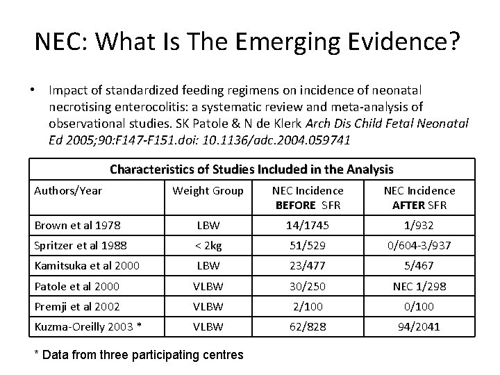 NEC: What Is The Emerging Evidence? • Impact of standardized feeding regimens on incidence