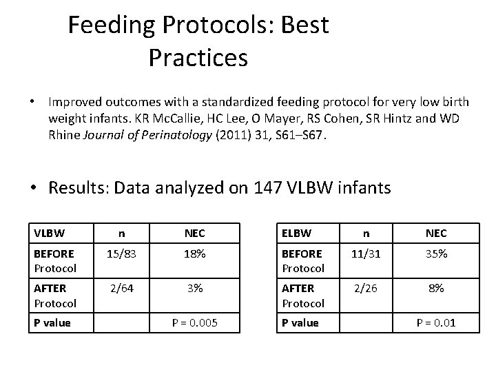 Feeding Protocols: Best Practices • Improved outcomes with a standardized feeding protocol for very