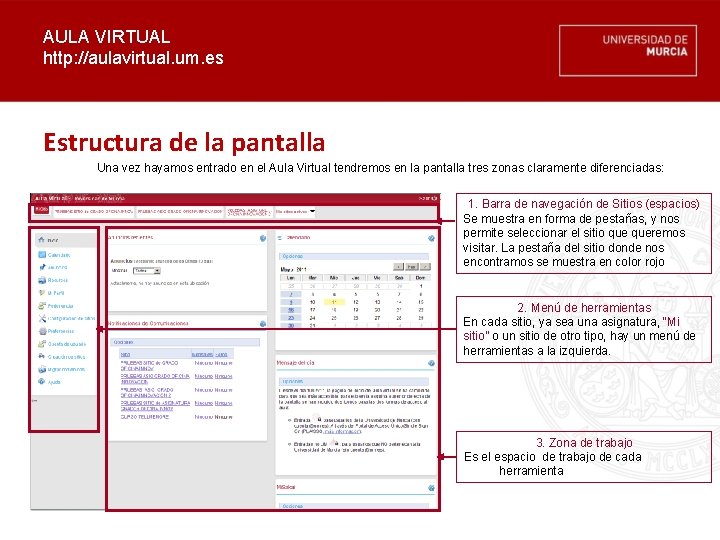 AULA VIRTUAL http: //aulavirtual. um. es Estructura de la pantalla Una vez hayamos entrado