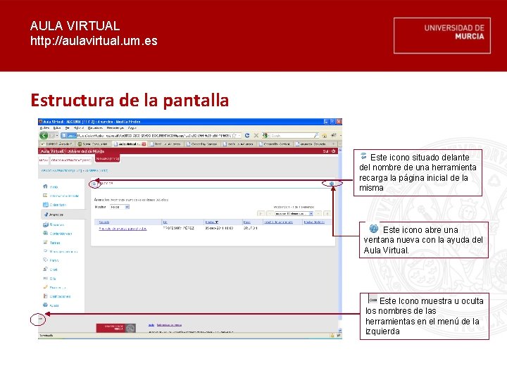 AULA VIRTUAL http: //aulavirtual. um. es Estructura de la pantalla Este icono situado delante