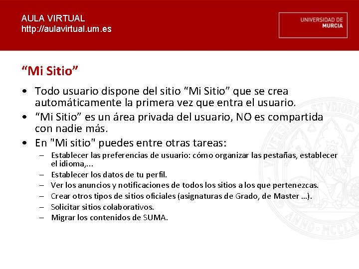 AULA VIRTUAL http: //aulavirtual. um. es “Mi Sitio” • Todo usuario dispone del sitio