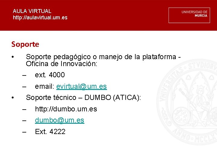 AULA VIRTUAL http: //aulavirtual. um. es Soporte • • Soporte pedagógico o manejo de