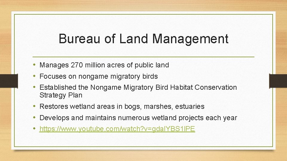 Bureau of Land Management • Manages 270 million acres of public land • Focuses