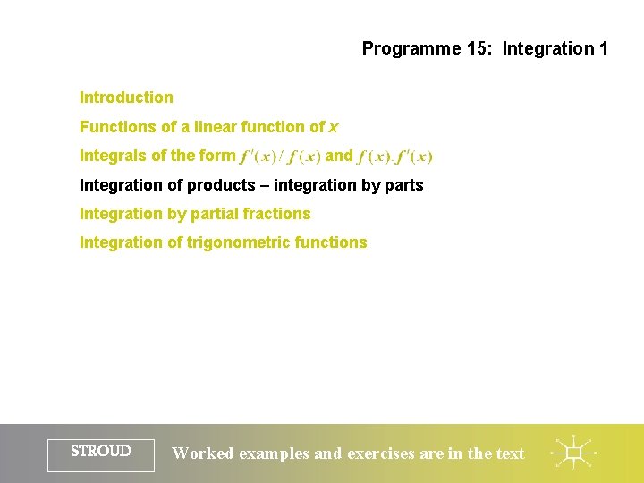 Programme 15: Integration 1 Introduction Functions of a linear function of x Integrals of