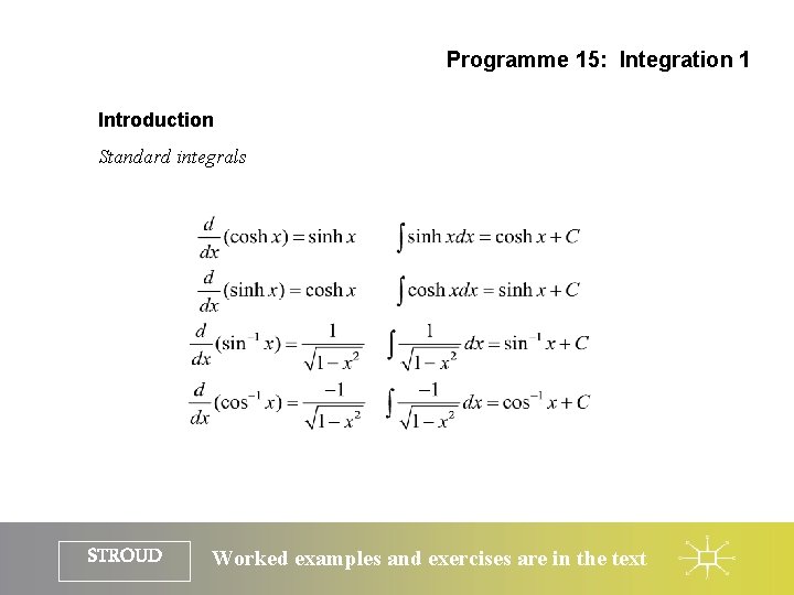 Programme 15: Integration 1 Introduction Standard integrals STROUD Worked examples and exercises are in