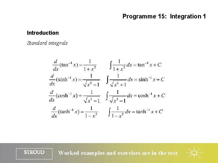 Programme 15: Integration 1 Introduction Standard integrals STROUD Worked examples and exercises are in