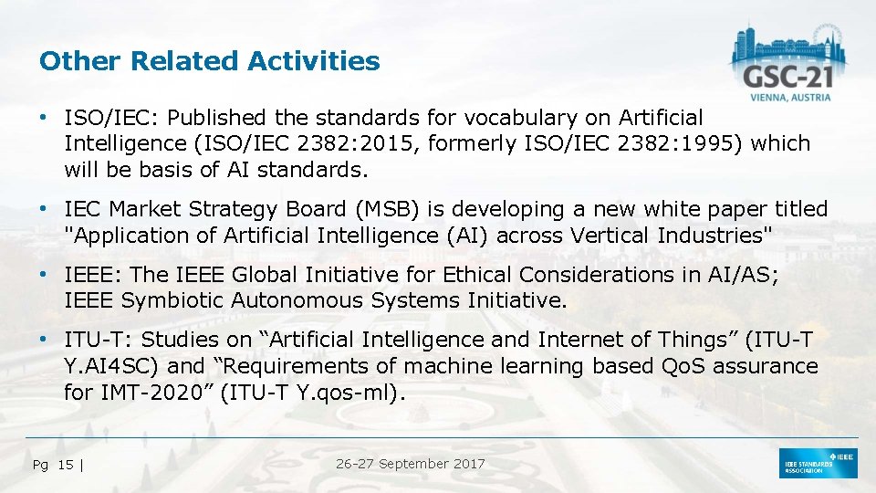 Other Related Activities • ISO/IEC: Published the standards for vocabulary on Artificial Intelligence (ISO/IEC