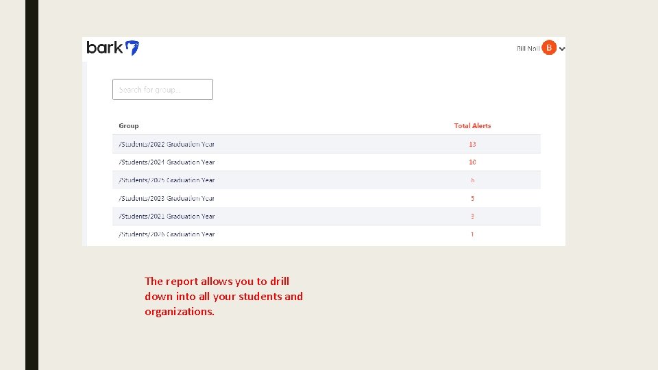 The report allows you to drill down into all your students and organizations. 