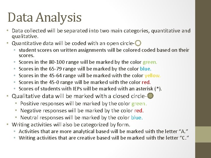Data Analysis • Data collected will be separated into two main categories, quantitative and