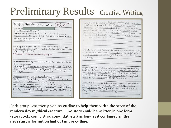 Preliminary Results- Creative Writing Each group was then given an outline to help them