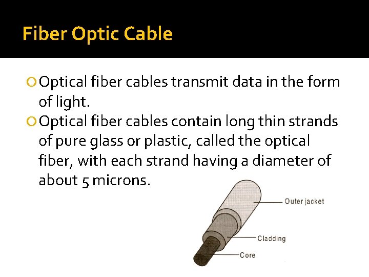 Fiber Optic Cable Optical fiber cables transmit data in the form of light. Optical