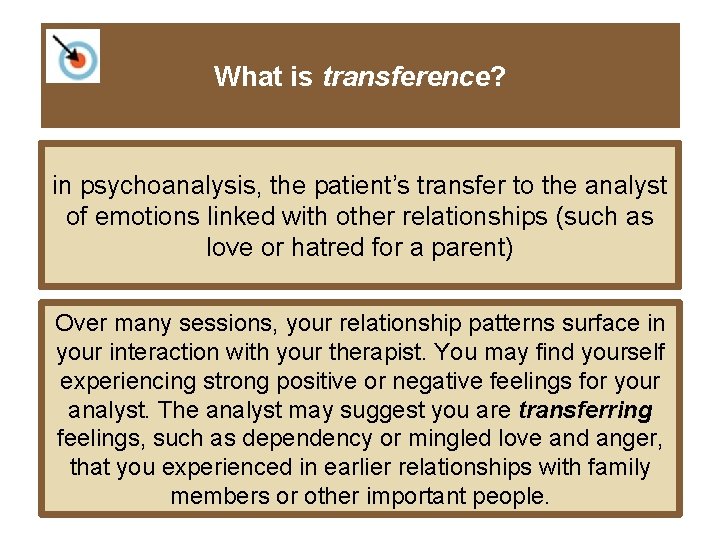 What is transference? in psychoanalysis, the patient’s transfer to the analyst of emotions linked