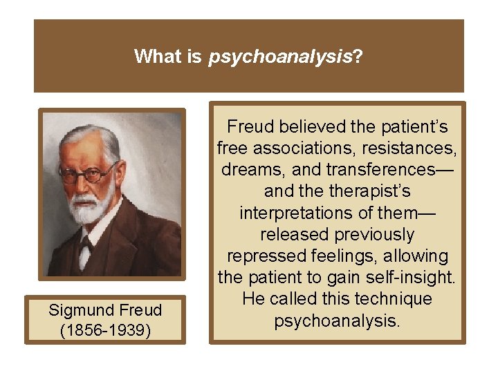 What is psychoanalysis? Sigmund Freud (1856 -1939) Freud believed the patient’s free associations, resistances,