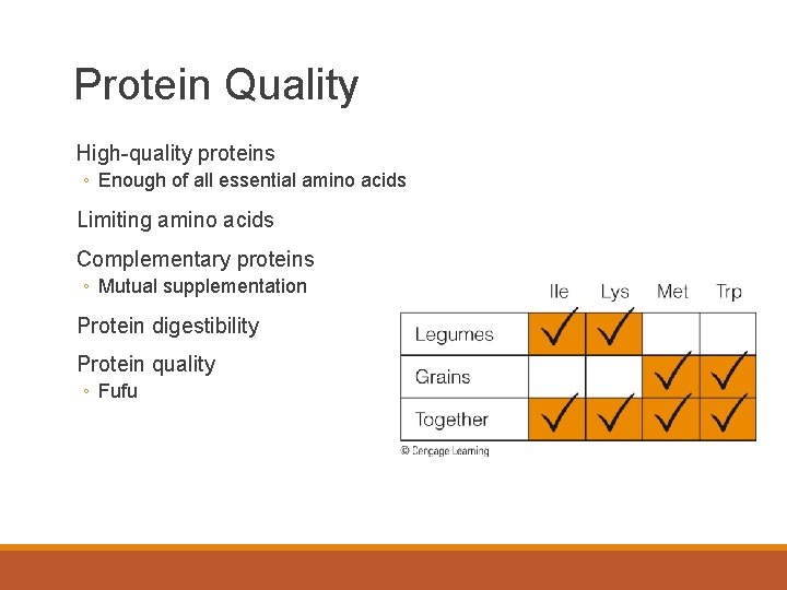 Protein Quality High-quality proteins ◦ Enough of all essential amino acids Limiting amino acids