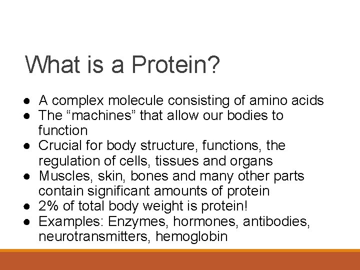 What is a Protein? ● A complex molecule consisting of amino acids ● The