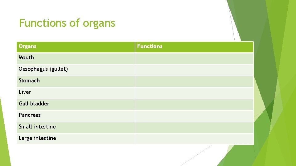 Functions of organs Organs Mouth Oesophagus (gullet) Stomach Liver Gall bladder Pancreas Small intestine Functions of organs Organs Mouth Oesophagus (gullet) Stomach Liver Gall bladder Pancreas Small intestine