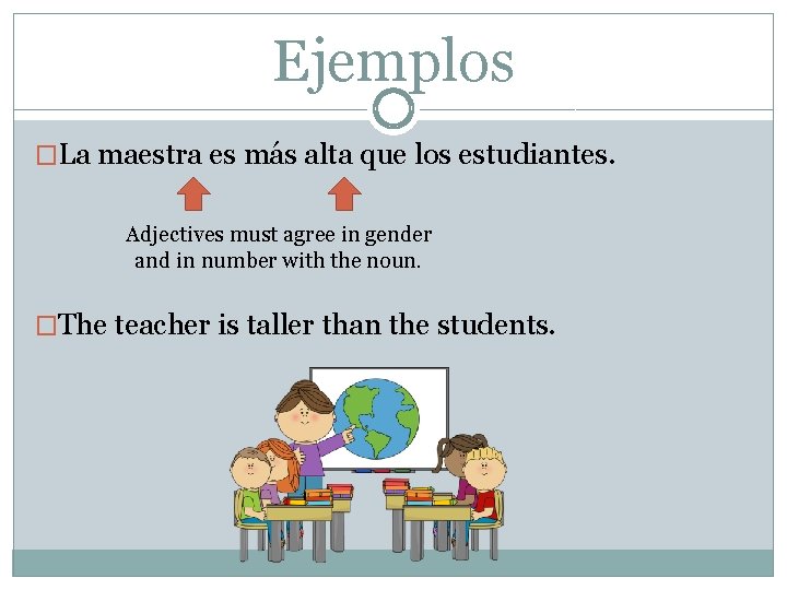 Ejemplos �La maestra es más alta que los estudiantes. Adjectives must agree in gender
