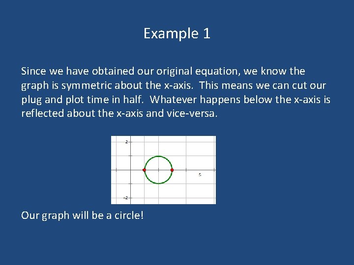 Example 1 Since we have obtained our original equation, we know the graph is Example 1 Since we have obtained our original equation, we know the graph is