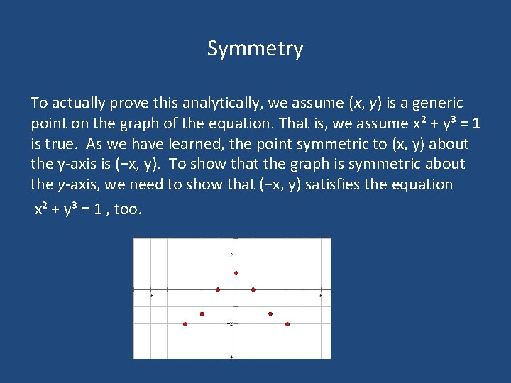 Symmetry To actually prove this analytically, we assume (x, y) is a generic point Symmetry To actually prove this analytically, we assume (x, y) is a generic point