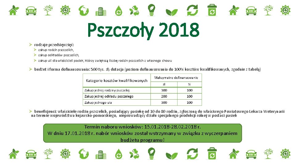 Pszczoły 2018 Ø rodzaje przedsięwzięć: Ø zakup rodzin pszczelich, Ø zakup odkładów pszczelich, Ø