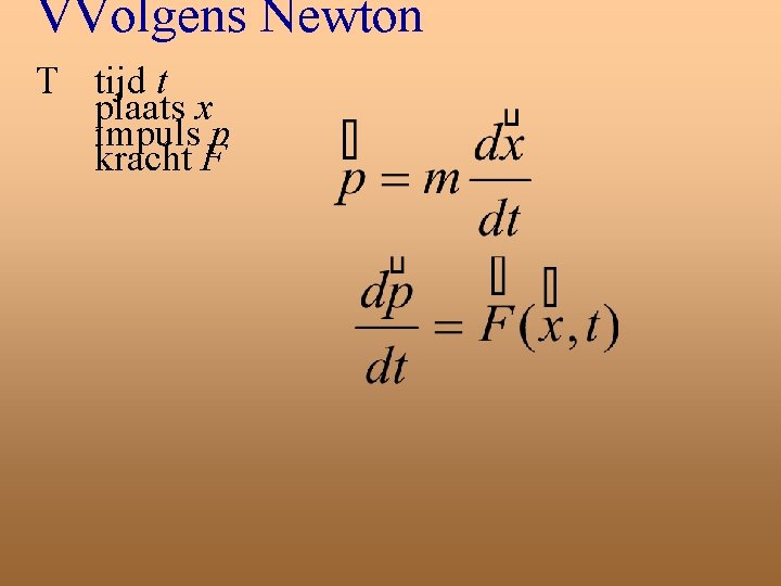 VVolgens Newton T tijd t plaats x impuls p kracht F 
