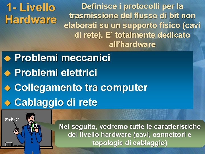 1 - Livello Hardware Definisce i protocolli per la trasmissione del flusso di bit