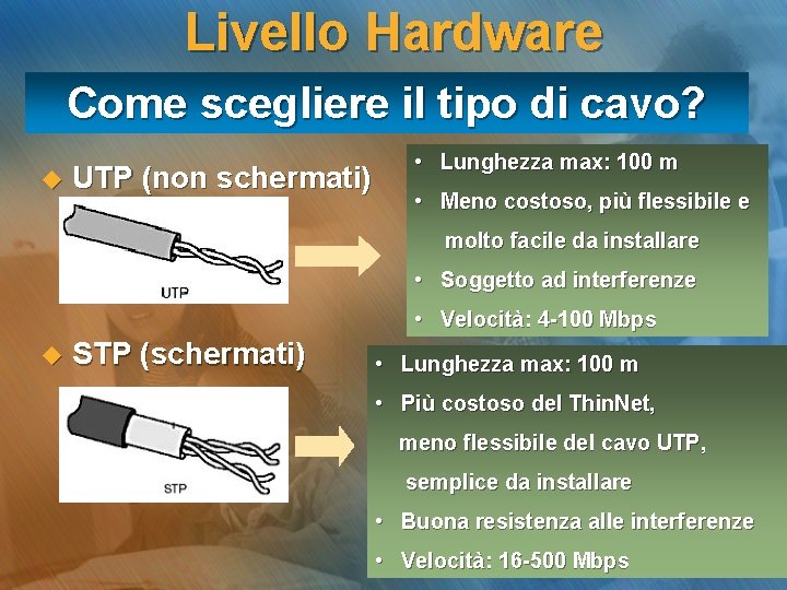 Livello Hardware Come scegliere il tipo di cavo? u UTP (non schermati) • Lunghezza