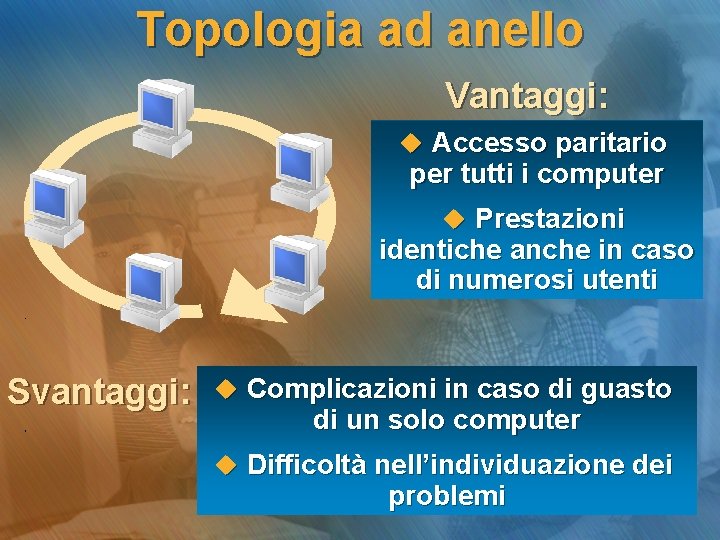 Topologia ad anello Vantaggi: u Accesso paritario per tutti i computer u Prestazioni identiche