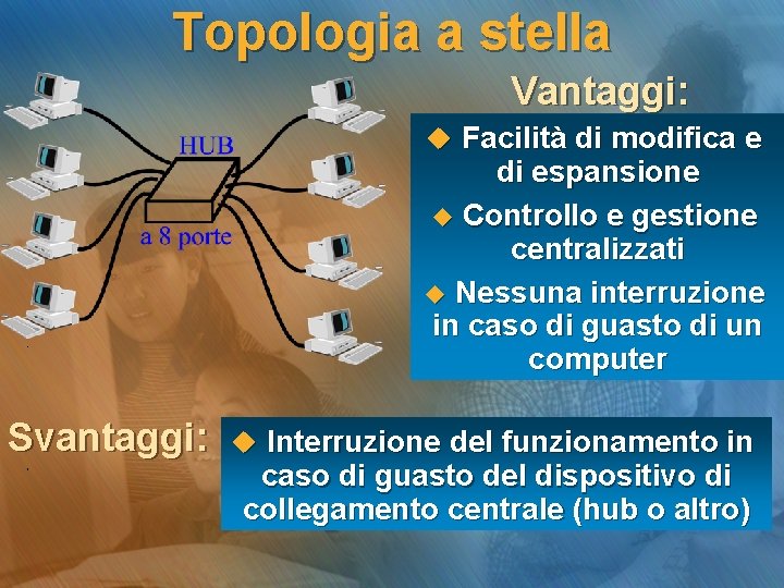 Topologia a stella Vantaggi: u Facilità di modifica e di espansione u Controllo e