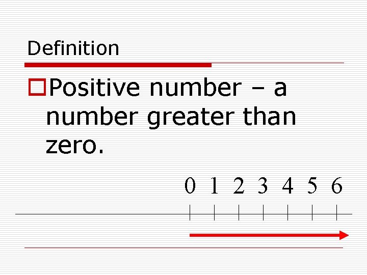 Definition o. Positive number – a number greater than zero. 0 1 2 3 Definition o. Positive number – a number greater than zero. 0 1 2 3