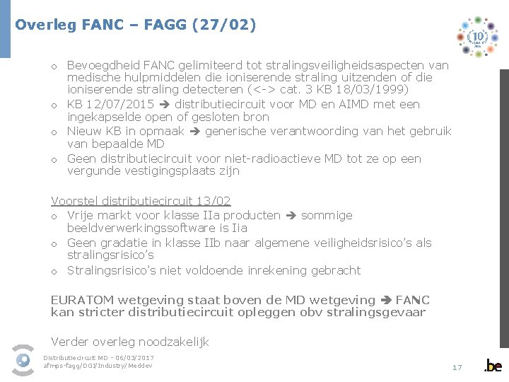 Overleg FANC – FAGG (27/02) o Bevoegdheid FANC gelimiteerd tot stralingsveiligheidsaspecten van medische hulpmiddelen