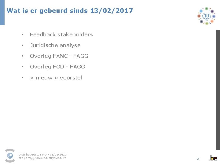 Wat is er gebeurd sinds 13/02/2017 • Feedback stakeholders • Juridische analyse • Overleg