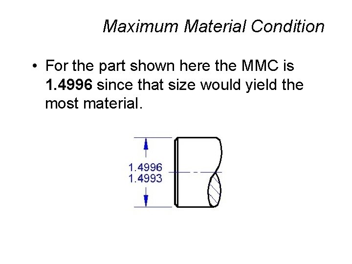 Maximum Material Condition • For the part shown here the MMC is 1. 4996