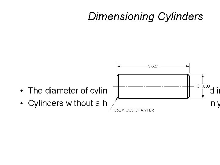 Dimensioning Cylinders • The diameter of cylinders should be dimensioned in • Cylinders without