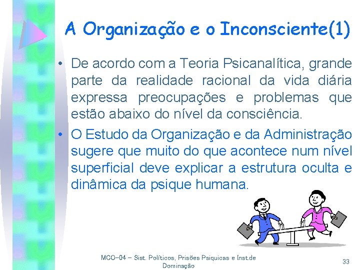 A Organização e o Inconsciente(1) • De acordo com a Teoria Psicanalítica, grande parte