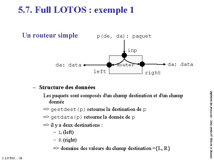 5. 7. Full LOTOS : exemple 1 Un routeur simple p(de, da): paquet inp