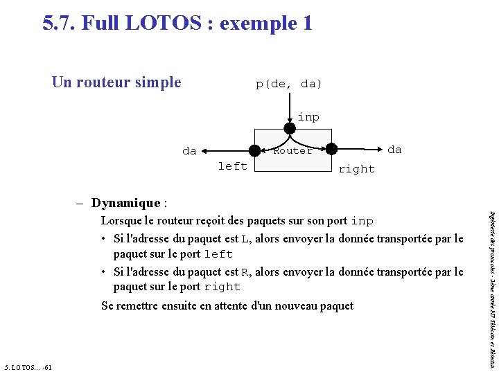 5. 7. Full LOTOS : exemple 1 Un routeur simple p(de, da) inp da