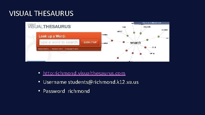 VISUAL THESAURUS • http: richmond. visualthesaurus. com • Username students@richmond. k 12. va. us