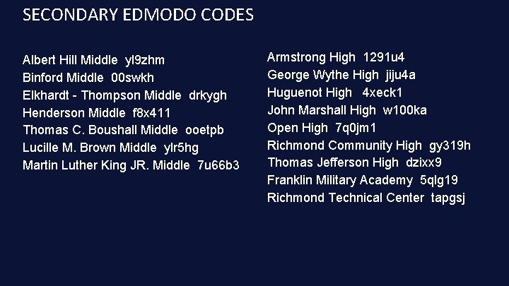 SECONDARY EDMODO CODES Albert Hill Middle yl 9 zhm Binford Middle 00 swkh Elkhardt